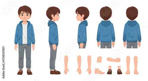 A Young Boy Character Model Sheet with Front Side and Back Views and Separate Body Parts for Animation Purposes
