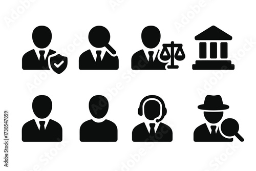 Compliance Roles Icon Set. Solid, filled icon set of compliance roles: compliance officer, auditor, legal advisor, regulator, manager, employee, consultant,