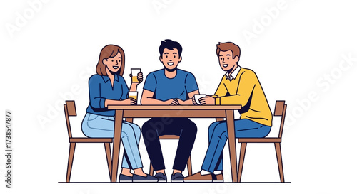 Three Friends Enjoying a Casual Meal Together at a Wooden Table Discussing Matters and Sharing Laughter