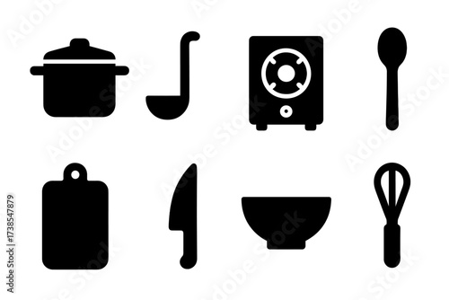 Soup Utensils Icons. Solid, filled icon set of soup utensils: pot, ladle, stove, spoon, cutting board, knife, mixing bowl, whisk. [Line icons in only black