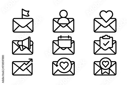 Marketing Goals Icons. Outline icon set of direct mail marketing goals: brand awareness, lead generation, customer retention, product promotion,