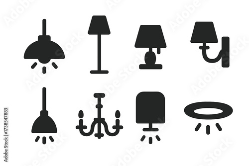 Home Lighting Icons. Solid, filled icon set of home lighting: ceiling lamp, floor lamp, table lamp, wall sconce, pendant light, chandelier, night light,