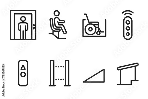 Residential Lift Icon Set. Outline icon set of residential lifts: home elevator, stairlift, wheelchair platform, control remote, call button, safety sensor,