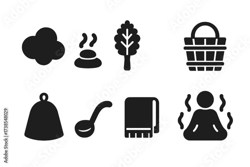 Sauna Wellness Icons. Solid, filled icon set of sauna wellness: steam cloud, hot stones, birch whisk, wooden bucket, sauna hat, water ladle, towel, spirit