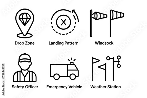 Parachute Landing Icons. Outline icon set of parachute landing zones: drop zone marker, landing pattern, wind sock, landing area boundary, safety officer,
