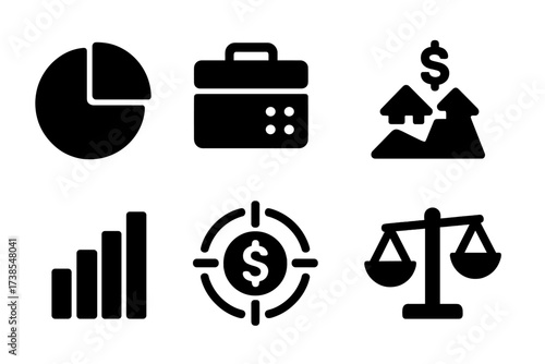 Investment Icon Set. Solid, filled icon set of asset allocation: pie chart, portfolio diversification, asset classes, investment sectors, risk meter, bar