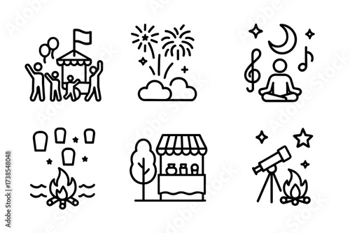 Festival Icon Set. Outline icon set of festivals and events: daytime parade, fireworks night, sunrise yoga, moonlight concert, lantern festival, day market,