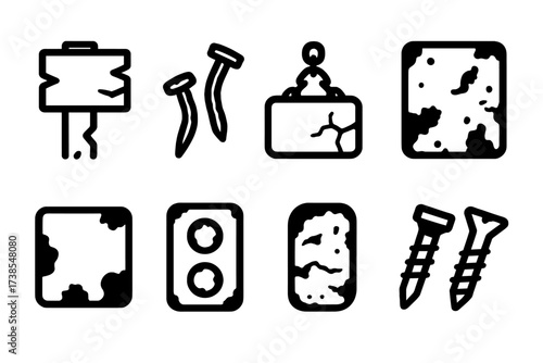 Rundown Sign Icons. Solid, filled icon set of dilapidated signs: broken wooden post, rusty nails, cracked metal plate, faded paint, hanging chain, chipped