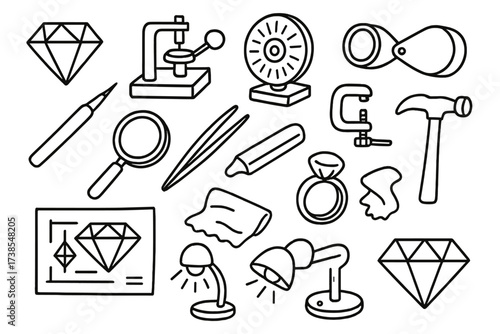 Jewelry Making Tools. Hand-drawn doodle illustration jewelry making gemstone, faceting machine, polishing wheel, loupe, cutting tool, magnifying glass,