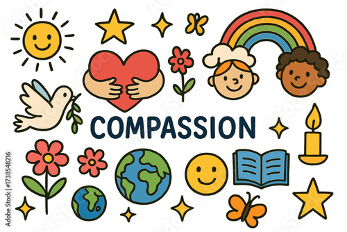 Colorful Compassion Icons. Compassion. Colorful Hand-drawn doodle Children illustration Compassion heart, hug, hands, flower, candle, dove, rainbow, smiling