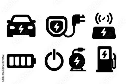 EV Charging Icons. Solid, filled icon set of electric vehicle charging: electric car, charging port, fast charger, wireless charger, battery icon, power