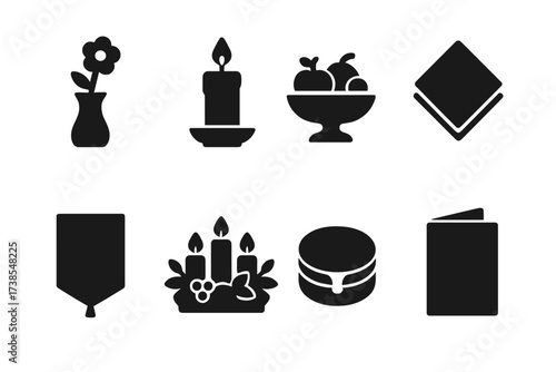 Bar Table Icons. Solid, filled icon set of bar table decoration: flower vase, candle, fruit bowl, cocktail napkins, table runner, centerpiece, coaster set,