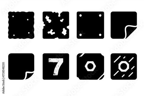 Rusty Industrial Icons. Solid, filled icon set of industrial rusty sign: corroded metal sheet, rust patches, bolt holes, peeling decals, faded numbers, bent