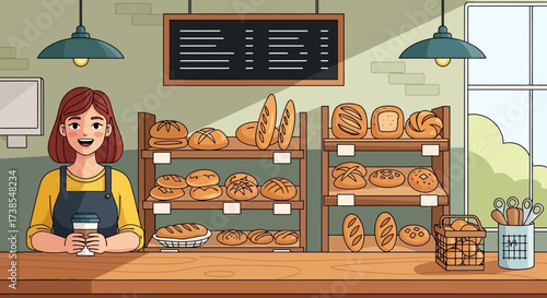 Cozy Bakery Interior Scene with Friendly Baker and Delicious Bread Display