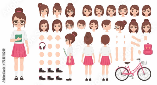 A Young Girl Character Creation Kit With Many Customization Options For Different Poses And Expressions Showing Her Various Body Parts And Accessories Such As A Bicycle Backpack And Headphones
