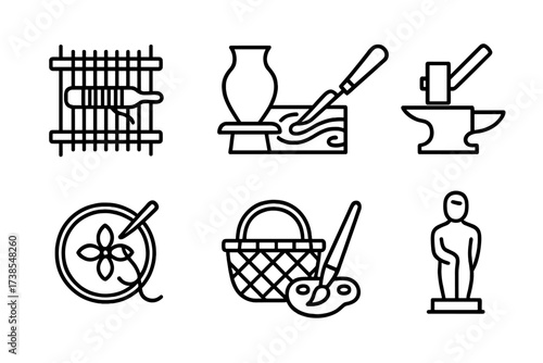 Heritage Craft Icons. Outline icon set of heritage crafts: weaving, pottery, wood carving, metalwork, embroidery, basket weaving, painting, sculpture. Line