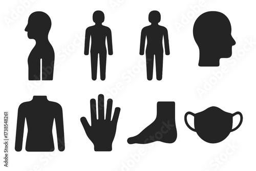 Human Outline Icon Set. Solid, filled icon set of naked human outlines: side profile, front view, back view, head silhouette, torso shape, hand outline, foot