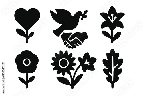 Symbolic Flower Icons. Solid, filled icon set of flower symbolism: love heart, peace dove, friendship hands, purity lily, remembrance poppy,