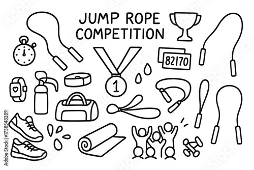 Jump Rope Challenge Icons. Hand-drawn doodle illustration jump rope competition jump rope, stopwatch, trophy, medal, scoreboard, sneakers, sweat droplets,