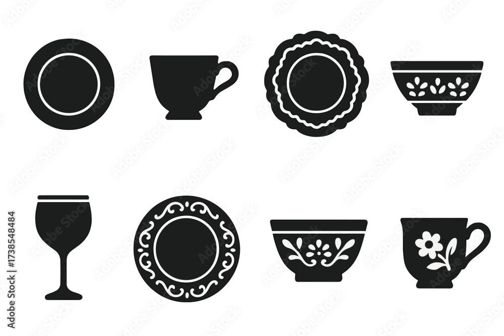 Obraz premium Elegant China Icons. Solid, filled icon set of fine china: porcelain plate, bone china cup, gilded saucer, decorative charger, patterned bowl, gold-rimmed