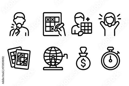 Bingo Icon Set. Outline icon set of bingo gameplay: calling numbers, marking card, checking pattern, winning shout, player cards, dealer cage, prize