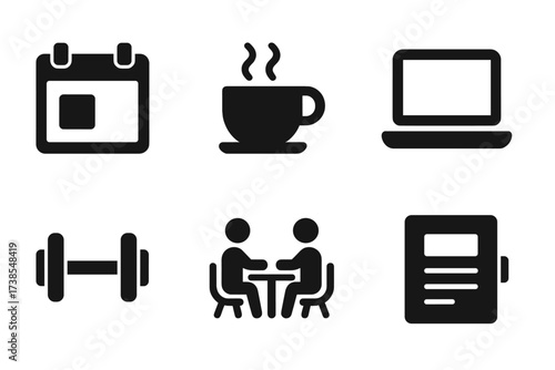Billionaire Daily Icons. Solid, filled icon set of billionaire daily routine: calendar, coffee cup, laptop, smartphone, workout, meeting, newspaper, planner.