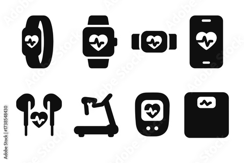 Heartbeat Gadget Icons. Solid, filled icon set of heartbeat tech gadgets: fitness tracker, smartwatch, heart rate monitor, mobile app, wireless earbuds,