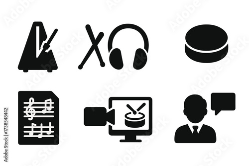 Marching Drum Icons. Solid, filled icon set of marching drum practice and rehearsal: metronome, drumsticks, headphones, practice pad, music sheet, recording