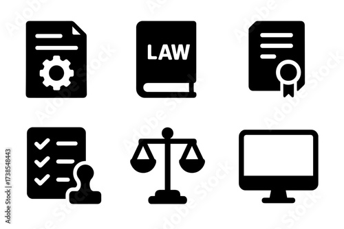 Audit Compliance Icons. Solid, filled icon set of audit compliance: regulation, law book, shield, certificate, checklist, approval stamp, scales of justice,