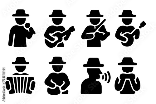 Folk Band Icons. Solid, filled icon set of folk band members: lead vocalist, guitarist, fiddler, banjo player, accordionist, percussionist, backing vocalist,