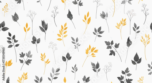 Delicate Botanical Pattern Featuring Stylized Leaves and Flowers in a Muted Palette of Yellow and Gray Against a White Background
