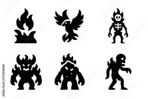 Fire Creature Icons. Solid, filled icon set of fire creatures: fire elemental, flame phoenix, lava hound, burning skeleton, fire demon, molten golem, ember