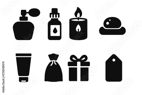 Aroma Packaging Icons. Solid, filled icon set of aroma packaging: perfume bottle, essential oil vial, candle jar, soap bar, lotion tube, sachet, gift box,