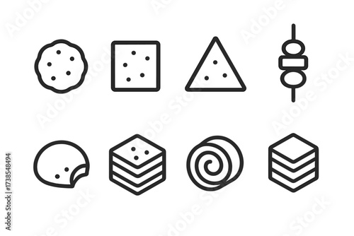 Appetizer Icon Set. Outline icon set of appetizer shapes: round, square, triangular, skewered, bite-sized, layered, rolled, stacked. [Line icons in only black