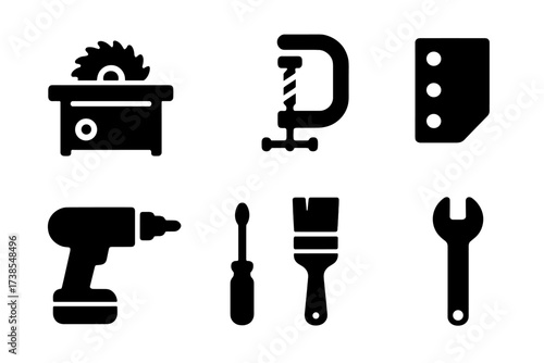 Tool Icons Grid. Solid, filled icon set of table tools and supplies: table saw, measuring tape, clamps, sandpaper, drill, screwdriver, paintbrush, wrench. Line