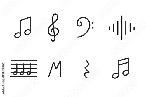 Music Icon Set. Outline icon set of song symbols: musical note, treble clef, bass clef, sound wave, music bar, tempo symbol, rest note, chord symbol. Line
