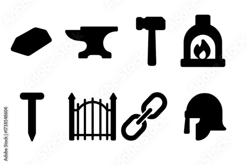 Iron Tool Icons. Solid, filled icon set of iron tools: iron ingot, anvil, hammer, furnace, iron nail, iron gate, iron chain, iron helmet. [Line icons in only
