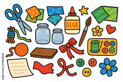 Creative Upcycling Doodles. Upcycling. Colorful Hand-drawn doodle Children illustration scissors, glue, fabric scraps, glass jars, paintbrush, sewing kit,
