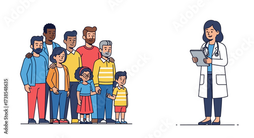 A diverse group of people of different ages and ethnicities standing together in front of a doctor