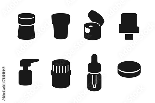 Bottle Cap Icons. Solid, filled icon set of bottle caps and closures: screw cap, cork stopper, flip-top cap, spray nozzle, pump dispenser, childproof cap,