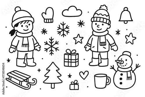 Winter Doodle Icons. Hand-drawn doodle illustration Children wearing mittens and hats mitten, wool hat, scarf, jacket, boots, snowflake, sled, snowman, star,