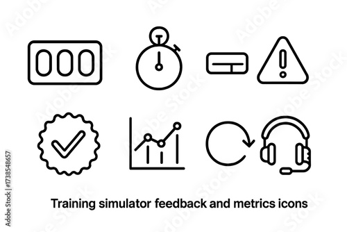 Training Simulator Icons. Outline icon set of training simulator feedback and metrics: score display, timer, progress bar, error warning, success badge,