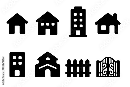 Monopoly Building Icons. Solid, filled icon set of monopoly buildings: house, hotel, skyscraper, cottage, apartment, villa, fence, gate. Solid, filled icons in