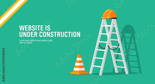 Website Under Construction Landing Page Design With Ladder Orange Cone and Safety Helmet Illustration