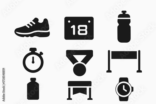 Race Day Essentials. Solid, filled icon set of race day essentials: running shoes, race bib, stopwatch, water bottle, finish line, medal, energy gel, sports