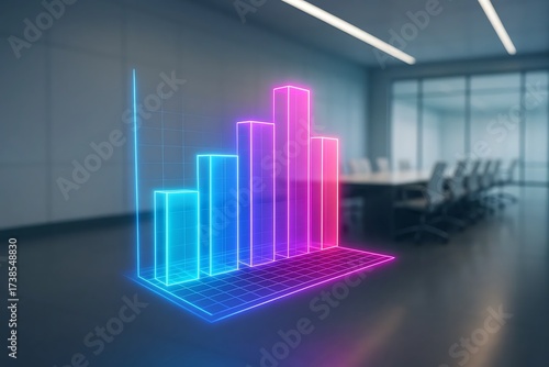 Futuristic holographic business bar graph with neon glowing effect