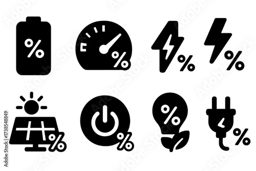 Energy Icons Set. Solid, filled icon set of energy and power percentages: battery percentage, fuel gauge, solar energy %, electricity usage %, power output,