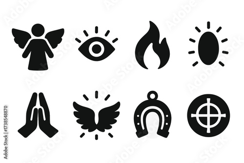 Spiritual Icons Collection. Solid, filled icon set of spiritual protectors: guardian angel, divine eye, sacred flame, glowing aura, prayer hands, radiant