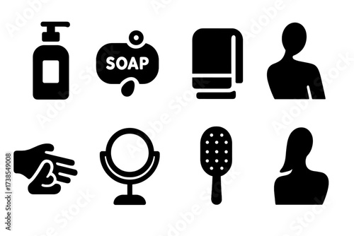 Skincare Icon Set. Solid, filled icon set of naked skin care: lotion bottle, soap bar, towel, water splash, hand applying cream, mirror, hairbrush, bare