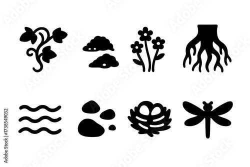 Bridge Nature Icons. Solid, filled icon set of old bridge natural elements: creeping ivy, moss patches, wildflowers, tree roots, flowing water, scattered